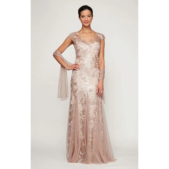 NWT Alex Evenings Womens Rose Gold Cap Sleeve Embroidered Fit and Flare Dress 14 - Picture 1 of 15